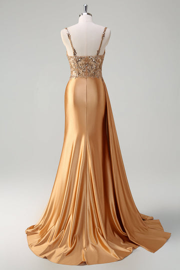 Champagne sirena Watteau treno corsetto paillettes raso Abito da cerimonia con fessura